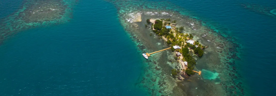 Aerial view of Coral Caye private island