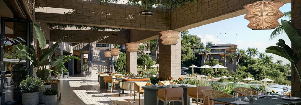 Outdoor dining area under a pergola